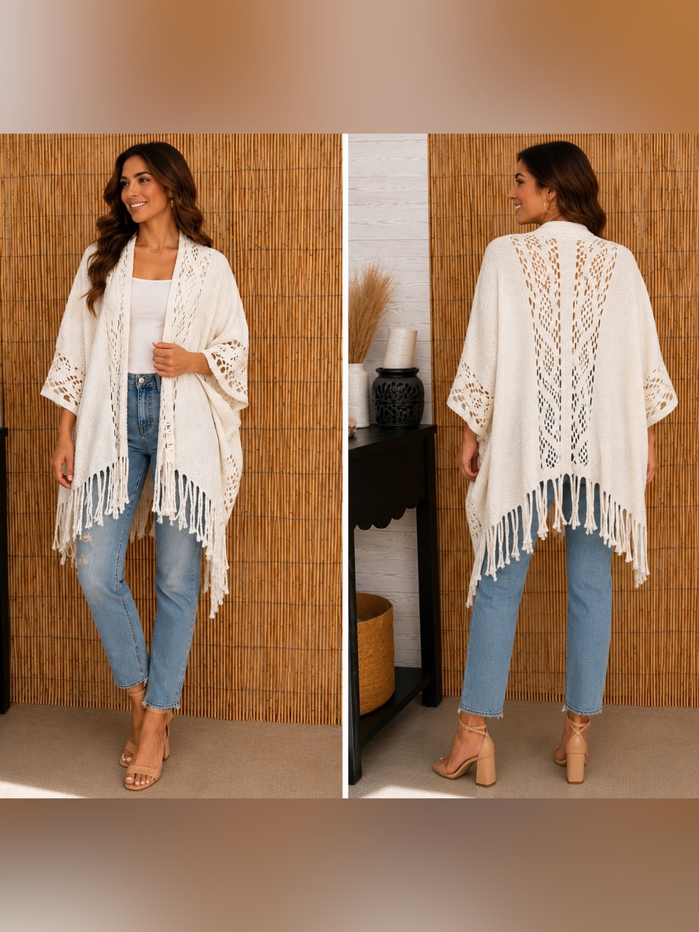 Max Edition Cream ivory Open-Front boho knit cardigan Kimono, one size.